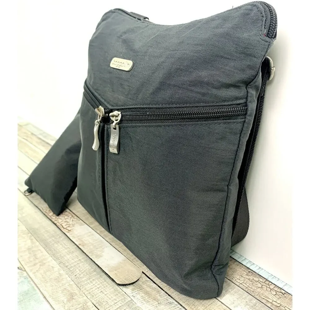 BAGGALLINI GRAY NYLON CANVAS ZIP TOP POCKETS X-BODY SHOULDER BAG HANDBAG PURSE